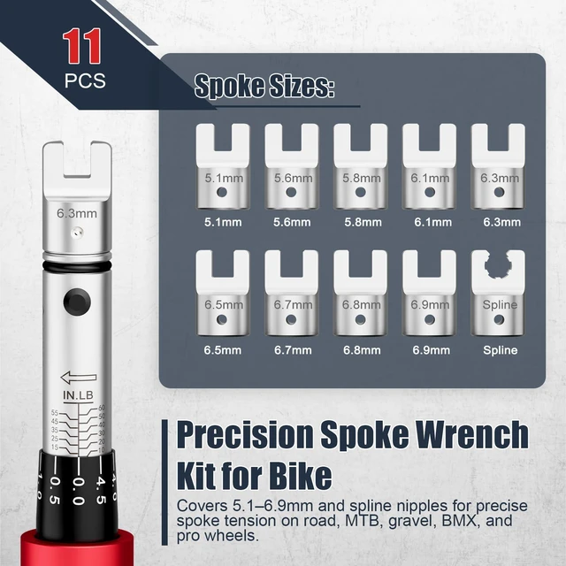 Alt view image 2 of 7 - Spoke Torque Wrench, 1060 in-lb, for Motorcycle Wheel Maintenance 1/4" Drive Small Torque Wrench Kit with 9 Spoke Wrench Heads (5.1-6.9mm) & Spline, Spoke Wrench for Mountain, Road Bike