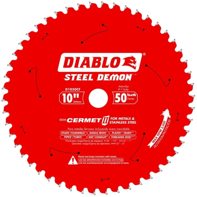 Main image of Steel Demon Cermet II Saw Blade for Medium Metal - 10" Diameter 50 TCG Teeth, 1" Arbor.083" Kerf, 0° Hook Angle.071" Plate, 3000 Max RPM - D1050CF