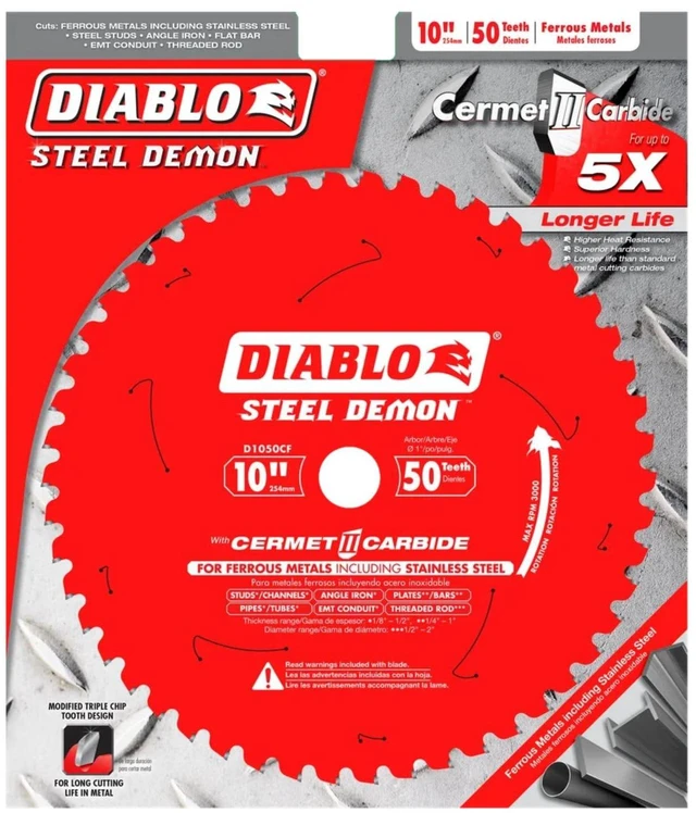 Alt view image 2 of 3 - Steel Demon Cermet II Saw Blade for Medium Metal - 10" Diameter 50 TCG Teeth, 1" Arbor.083" Kerf, 0° Hook Angle.071" Plate, 3000 Max RPM - D1050CF