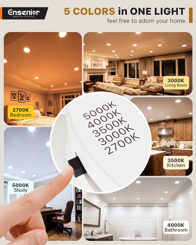 Alt view image 4 of 7 - 5/6 Inch LED Recessed Can Lights, 5CCT, 9W, 1000LM, 12 Pack Retrofit Baffle Trim, 5%-100% Dimmable, 2700K-5000K Selectable CCT, Damp&IC Rated, ETL&FCC Certified, Quick E26 Install
