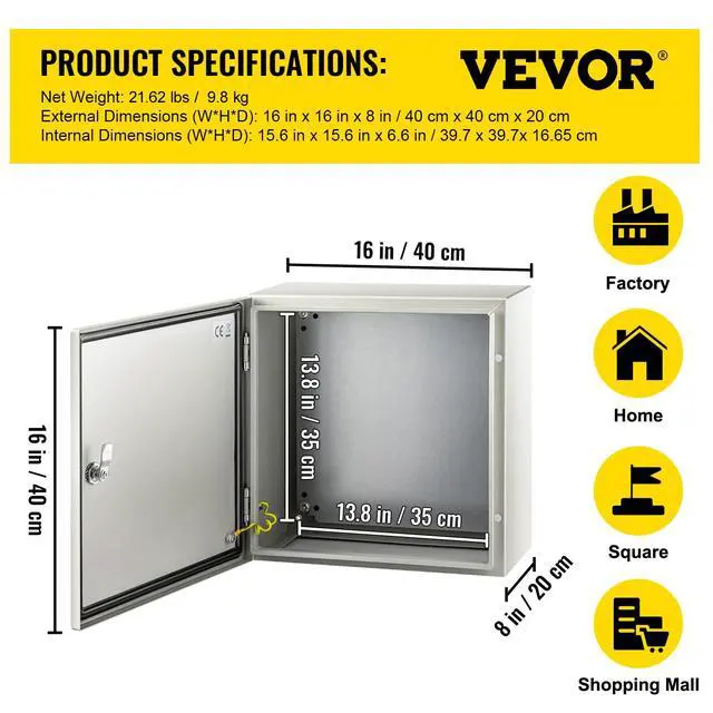 Alt view image 7 of 7 - NEMA Steel Enclosure, 16 x 16 x 8'' NEMA 4X Steel Electrical Box, IP66 Waterproof & Dustproof, Outdoor/Indoor Electrical Junction Box, with Mounting Plate