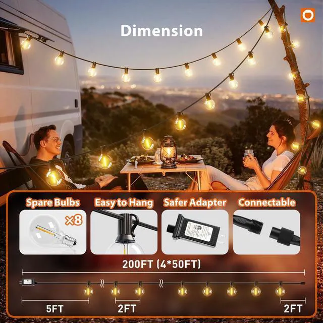 Alt view image 5 of 7 - Outdoor String Lights 200FT G40 with Remote 108 LED Waterproof Bulbs Dimmable Patio Globe Lights Shatterproof, Hanging Outside Lighting for Backyard, Garden, Deck, Balcony, Porch, Café, Decor