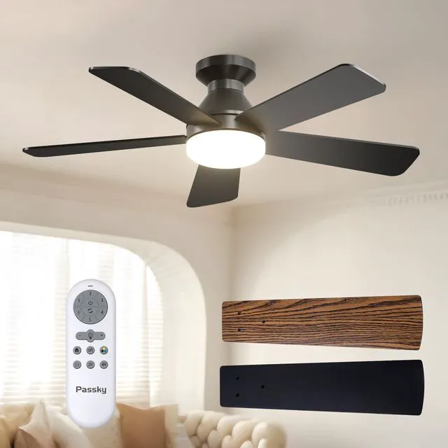 Main image of 42 Inch Black Low Profile Ceiling Fans with Lights and Remote Flush mount, 3-color dimmable light, quiet reversible DC motor, easy install, memory, timer, bedroom, covered outdoor areas