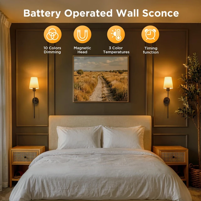 Alt view image 2 of 7 - Battery Operated Wall Sconces Set of 2,Black Sconces Wall Decor RGBWW Rechargeable Wall Lights with Dimmable Magnetic Bulbs & Remote, Wireless Wall Lamp for Living Room Bedroom Hallway