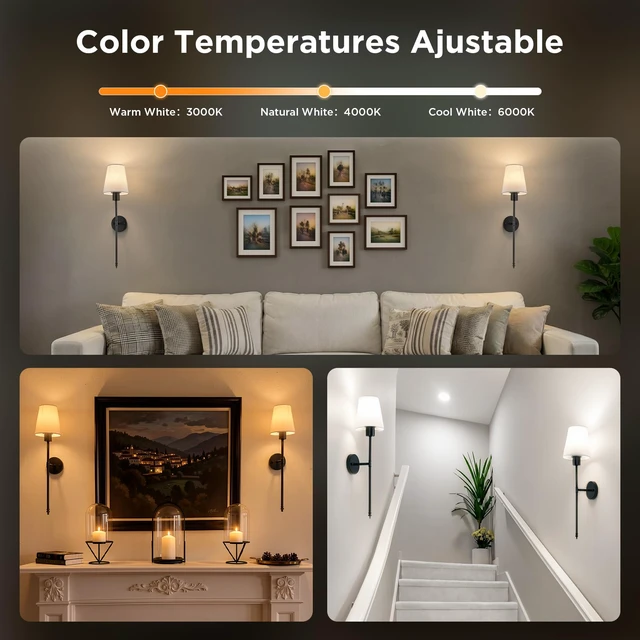Alt view image 4 of 7 - Battery Operated Wall Sconces Set of 2,Black Sconces Wall Decor RGBWW Rechargeable Wall Lights with Dimmable Magnetic Bulbs & Remote, Wireless Wall Lamp for Living Room Bedroom Hallway