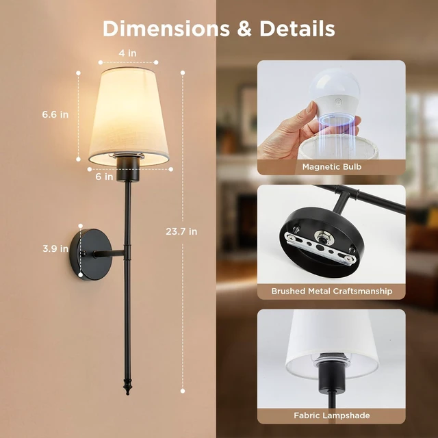 Alt view image 7 of 7 - Battery Operated Wall Sconces Set of 2,Black Sconces Wall Decor RGBWW Rechargeable Wall Lights with Dimmable Magnetic Bulbs & Remote, Wireless Wall Lamp for Living Room Bedroom Hallway