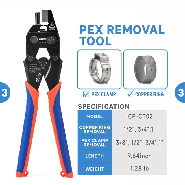 Alt view image 4 of 7 - PEX Crimping Tool Set for Copper Crimp Ring and PEX Cinch Clamp, Crimping and Removing PEX Crimp Fittings 1/2'', 3/4'', 1'', 7 Pieces