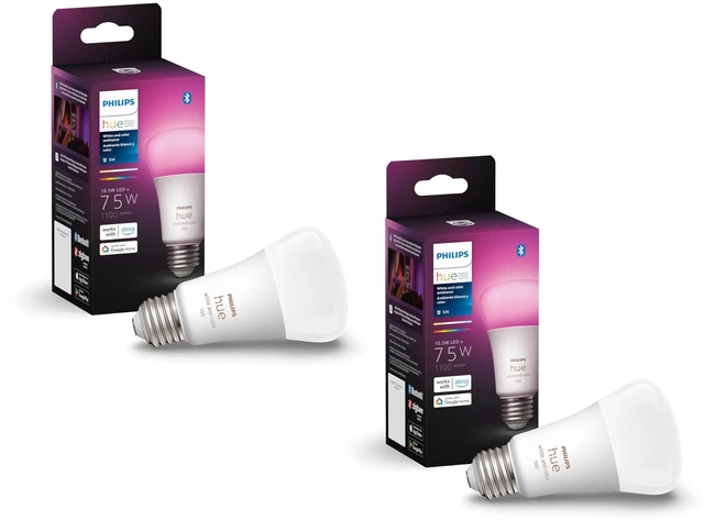 Main image of Smart 75W A19 LED Bulb - White and Color Ambiance Color-Changing Light - 2 Pack - 1100LM - E26 - Indoor - Control with Hue App - Compatible with Alexa, Google Assistant and Apple Homekit
