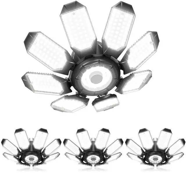 Main image of Garage Lights w/ 8 Deformable Panels, 56000LM 6500K Ultra Brighter LED Garage Lighting Fixture Screw in E26 E27 Socket Light Bulbs for Basement Workshop Attic Utility Laundry Storage, 4 Pack