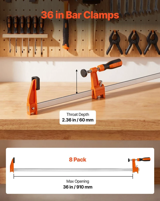 Alt view image 2 of 7 - Bar Clamps for Woodworking, 8-Pack, 36" Opening F Clamps, 600 lbs Load Limit, with Plastic Pad and Self-Locking Design, Premium Cast Iron and Carbon Steel, for Wood Working and Metal Working
