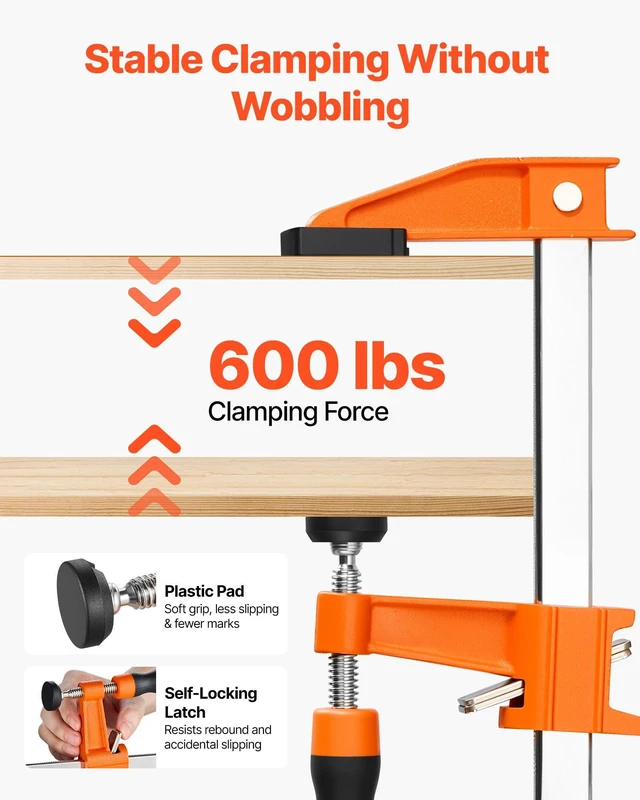 Alt view image 3 of 7 - Bar Clamps for Woodworking, 8-Pack, 36" Opening F Clamps, 600 lbs Load Limit, with Plastic Pad and Self-Locking Design, Premium Cast Iron and Carbon Steel, for Wood Working and Metal Working