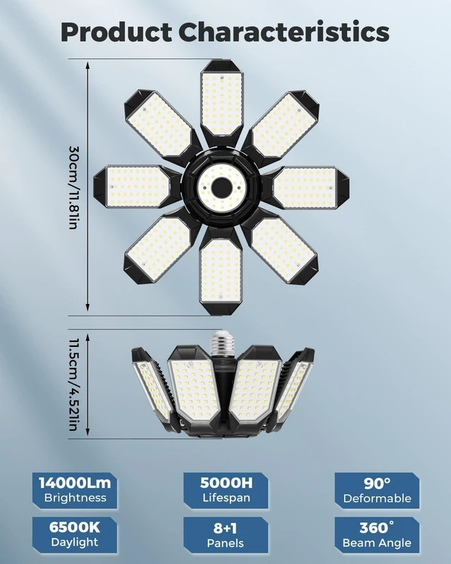 Alt view image 2 of 7 - Garage Lights w/ 8 Deformable Panels, 56000LM 6500K Ultra Brighter LED Garage Lighting Fixture Screw in E26 E27 Socket Light Bulbs for Basement Workshop Attic Utility Laundry Storage, 4 Pack