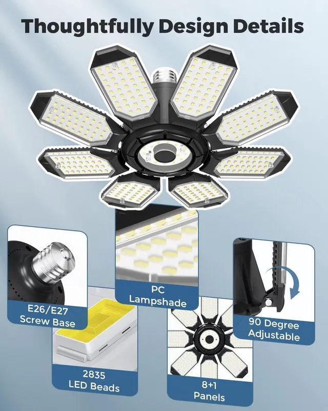 Alt view image 3 of 7 - Garage Lights w/ 8 Deformable Panels, 56000LM 6500K Ultra Brighter LED Garage Lighting Fixture Screw in E26 E27 Socket Light Bulbs for Basement Workshop Attic Utility Laundry Storage, 4 Pack