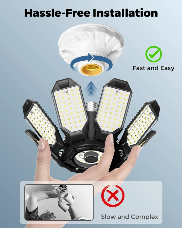 Alt view image 4 of 7 - Garage Lights w/ 8 Deformable Panels, 56000LM 6500K Ultra Brighter LED Garage Lighting Fixture Screw in E26 E27 Socket Light Bulbs for Basement Workshop Attic Utility Laundry Storage, 4 Pack