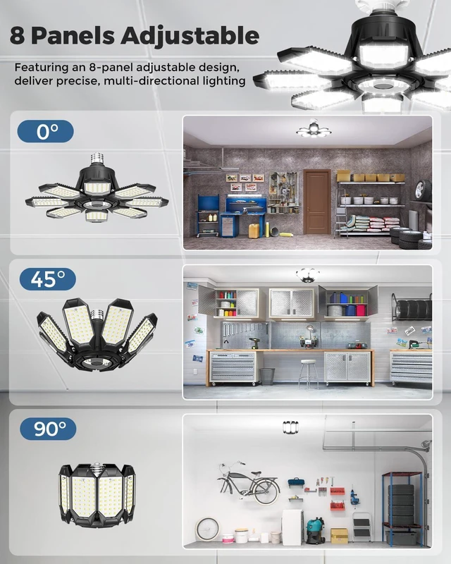 Alt view image 5 of 7 - Garage Lights w/ 8 Deformable Panels, 56000LM 6500K Ultra Brighter LED Garage Lighting Fixture Screw in E26 E27 Socket Light Bulbs for Basement Workshop Attic Utility Laundry Storage, 4 Pack