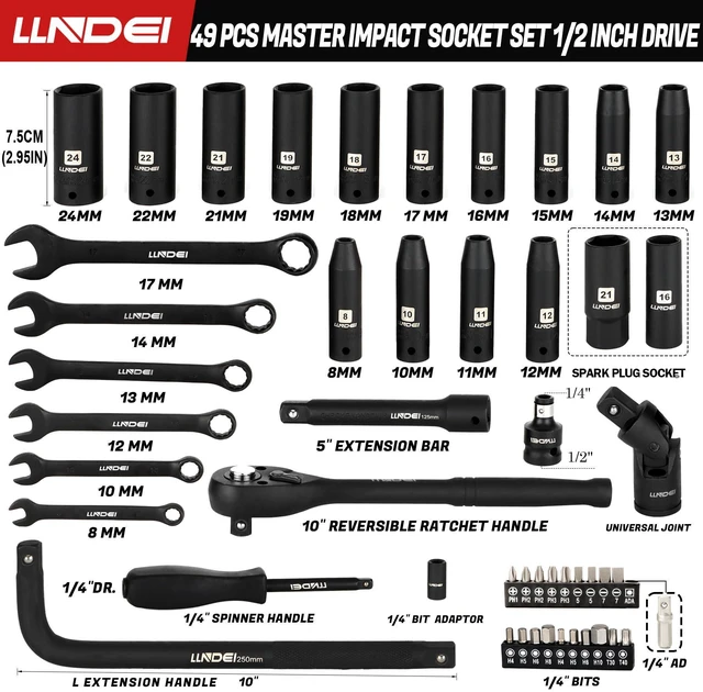Alt view image 3 of 7 - 1/2" Impact Socket Wrench Set: 49Pcs Tool Wrench Set, CR-V, Metric Combination Wrenches (8-17mm), Deep Sockets(8-24mm), Spark Plug Socket(16,21mm), Household&Automotive Repairing