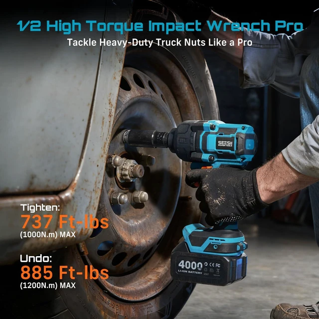 Alt view image 2 of 7 - Impact Wrench 886 Ft-lbs(1200N.m), 1/2 High Torque Impact Gun with 21V 2x4.0Ah Battery, Electric Impact Driver, 2900IPM, 5 Socket, Cordless Impact Wrench for Home Car/Mower/Pickup/Truck RV