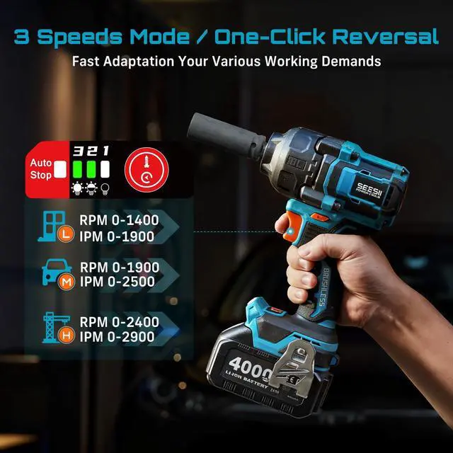Alt view image 5 of 7 - Impact Wrench 886 Ft-lbs(1200N.m), 1/2 High Torque Impact Gun with 21V 2x4.0Ah Battery, Electric Impact Driver, 2900IPM, 5 Socket, Cordless Impact Wrench for Home Car/Mower/Pickup/Truck RV