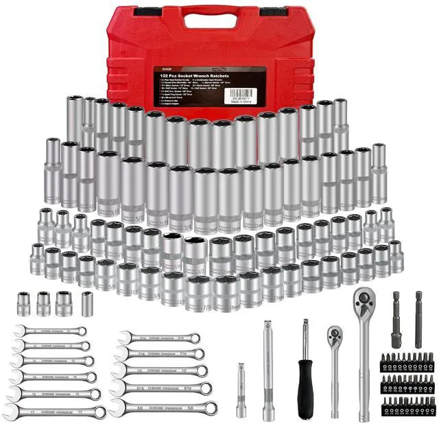 Main image of 122Pcs 1/4" & 3/8 Drive Impact Socket Set, Ratchet Socket Wrench Set with Extention Bar, Adapter, Screw Bits,Drive Bit Holder, Spark Plug Socket,CR-V