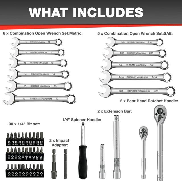Alt view image 3 of 7 - 122Pcs 1/4" & 3/8 Drive Impact Socket Set, Ratchet Socket Wrench Set with Extention Bar, Adapter, Screw Bits,Drive Bit Holder, Spark Plug Socket,CR-V