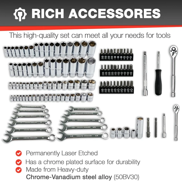 Alt view image 4 of 7 - 122Pcs 1/4" & 3/8 Drive Impact Socket Set, Ratchet Socket Wrench Set with Extention Bar, Adapter, Screw Bits,Drive Bit Holder, Spark Plug Socket,CR-V