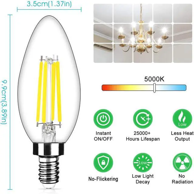 Alt view image 4 of 6 - 48-Pack Dimmable E12 LED Bulbs 40Watt Equivalent, 5000K Daylight White, 450Lumens, 4W B11 Vintage Chandelier Light Bulbs, Filament Clear Glass Candle Lamp for Ceiling Fan Home Decor