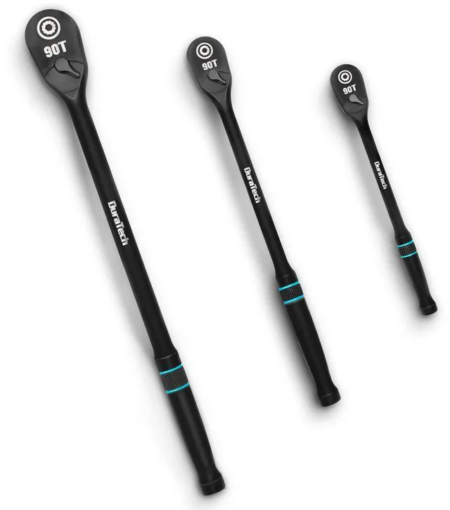 Main image of 3-Piece Extra Long Drive Ratchet Handle, 90-Tooth Ratchet Wrench 1/4", 3/8", 1/2" Socket Wrench with Dust Proof Teardrop Enclosed CR-MO Head, Reversible, CR-V Made, Black Mn Phosphate Finish