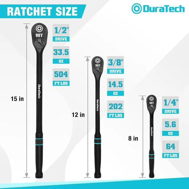 Alt view image 2 of 7 - 3-Piece Extra Long Drive Ratchet Handle, 90-Tooth Ratchet Wrench 1/4", 3/8", 1/2" Socket Wrench with Dust Proof Teardrop Enclosed CR-MO Head, Reversible, CR-V Made, Black Mn Phosphate Finish