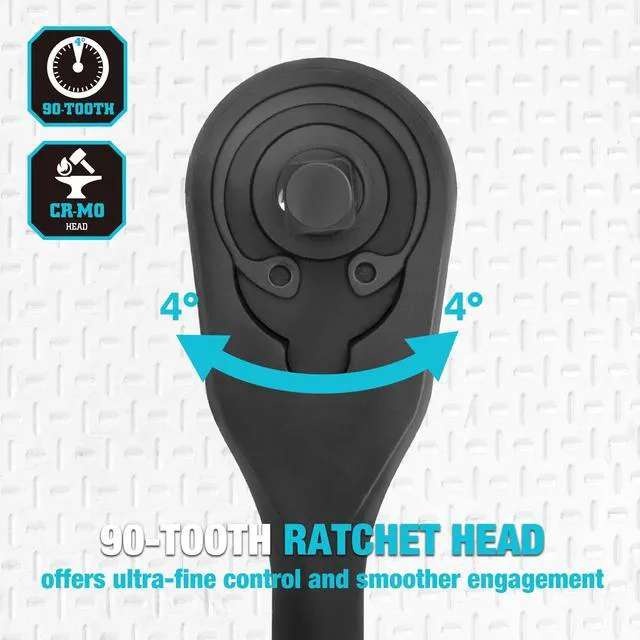 Alt view image 3 of 7 - 3-Piece Extra Long Drive Ratchet Handle, 90-Tooth Ratchet Wrench 1/4", 3/8", 1/2" Socket Wrench with Dust Proof Teardrop Enclosed CR-MO Head, Reversible, CR-V Made, Black Mn Phosphate Finish