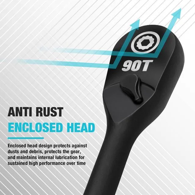 Alt view image 5 of 7 - 3-Piece Extra Long Drive Ratchet Handle, 90-Tooth Ratchet Wrench 1/4", 3/8", 1/2" Socket Wrench with Dust Proof Teardrop Enclosed CR-MO Head, Reversible, CR-V Made, Black Mn Phosphate Finish