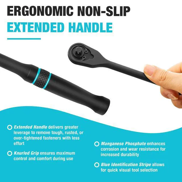 Alt view image 6 of 7 - 3-Piece Extra Long Drive Ratchet Handle, 90-Tooth Ratchet Wrench 1/4", 3/8", 1/2" Socket Wrench with Dust Proof Teardrop Enclosed CR-MO Head, Reversible, CR-V Made, Black Mn Phosphate Finish