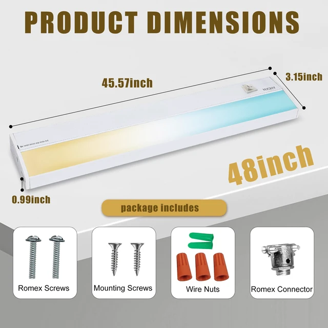 Alt view image 7 of 7 - Hardwired Under Cabinet Lighting, 48in 26W LED Light for Kitchen/Closet, 1720lm, CRI>92, R9>90, Dimmable, 5 Color Temperature, 2700K-5000K(Warm White, Cool White, Daylight)