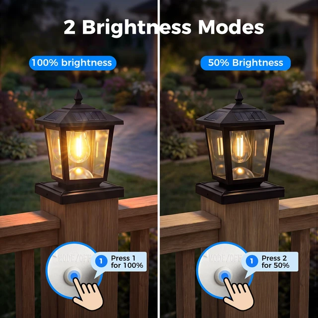 Alt view image 3 of 7 - 4 Pack Solar Post Cap Lights Outdoor 2 Brightness Fit 3.5x3.5 4x4 5x5 5.5x5.5 Posts, Waterproof, Warm White Edison Bulb(Non-replaceable), Post Top Light for Fence Deck Porch