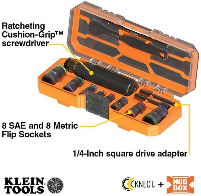 Alt view image 2 of 7 - 65242 KNECT Impact Socket Set, Ratcheting Screwdriver Set, 1/4-Inch Drive, 4 SAE and 4 Metric Flip Sockets, 16 Hex Sizes, Adapters, MODbox Case