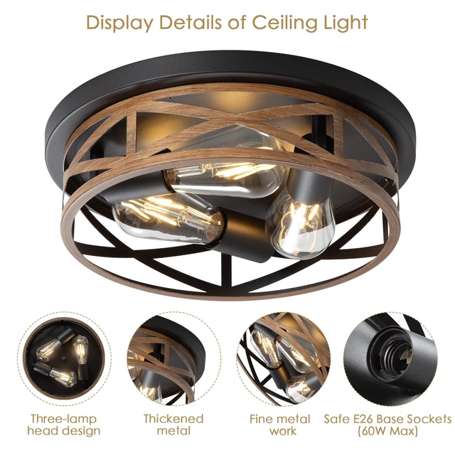 Alt view image 4 of 7 - 13 inch Flush Mount Ceiling Light Fixtures,3-Light Modern Hallway Light Fixtures Ceiling, Wood Grain Light Fixture Ceiling Mount for Farmhouse,Kitchen, Bedroom 2 Pack