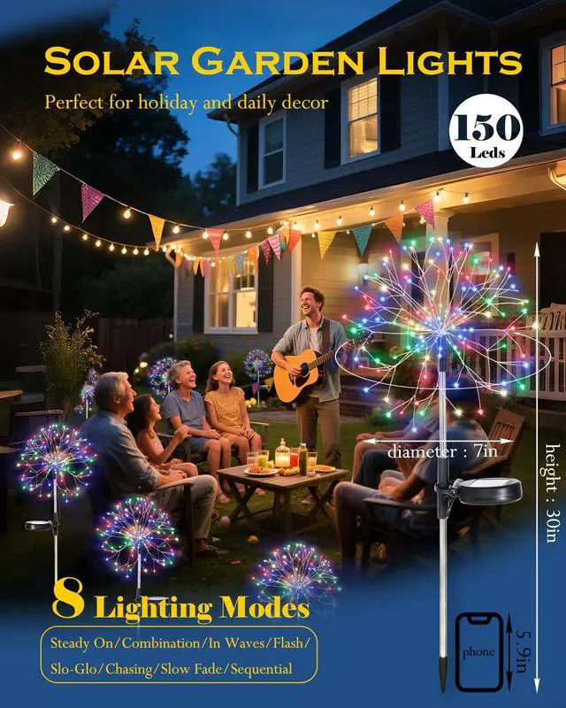 Alt view image 2 of 7 - Solar Garden Lights Outdoor Yard Decorations, 8 Pack 150Leds Pathway Lights, Fairy Firework Stake Light for Garden, Patio, Pathway, Flowerbed Multicolor