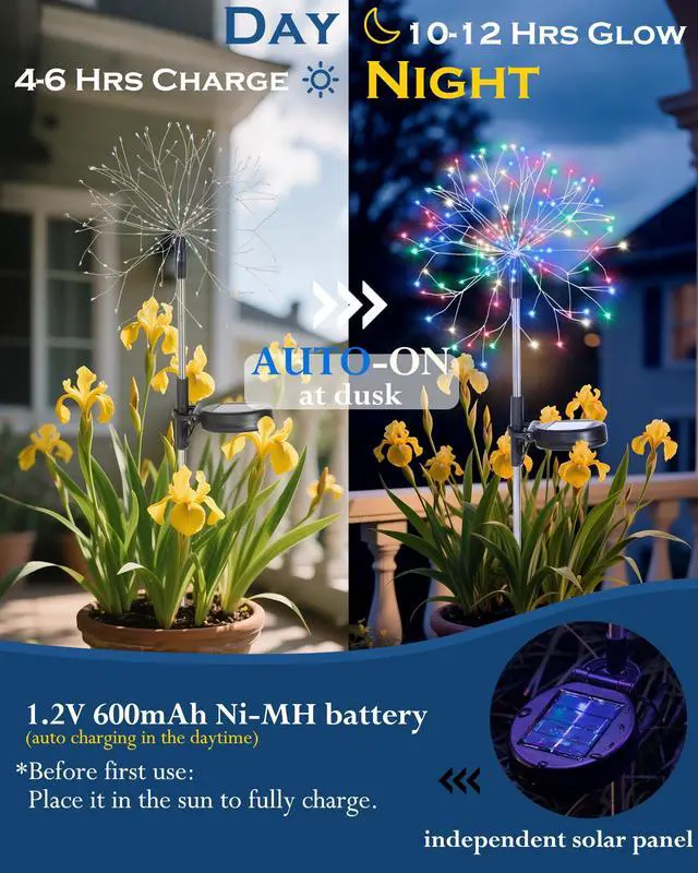 Alt view image 4 of 7 - Solar Garden Lights Outdoor Yard Decorations, 8 Pack 150Leds Pathway Lights, Fairy Firework Stake Light for Garden, Patio, Pathway, Flowerbed Multicolor