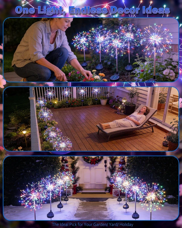 Alt view image 6 of 7 - Solar Garden Lights Outdoor Yard Decorations, 8 Pack 150Leds Pathway Lights, Fairy Firework Stake Light for Garden, Patio, Pathway, Flowerbed Multicolor
