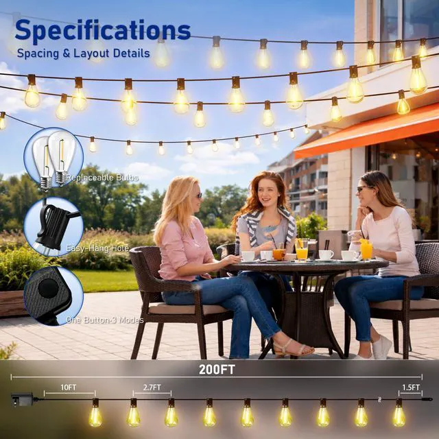 Alt view image 7 of 7 - 200FT Outdoor String Lights with Remote & Dimmable, 72+2 Shatterproof Waterproof Bulbs, Dimmable Outside Hanging Patio Lights for Backyard, Porch, Deck, Garden 2700K Warm White