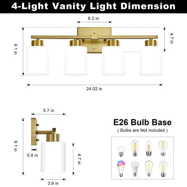 Alt view image 2 of 7 - Brushed Gold Bathroom Light Fixtures Vanity Lights Over Mirror Modern 4-Light Lighting Fixtures for Bathroom With Milky White Frosted Glass Shades, E26 Socket (Bulbs Not Included)