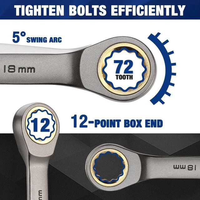 Alt view image 3 of 7 - 22 PCS Ratchet Combination Wrench Set with Tool Box, Nickel Plating with Organizer Box, Metric 6-18mm & SAE 1/4-3/4", 72-Teeth, For Home Project, Auto Repair, Plumbing, Construction, Machinery
