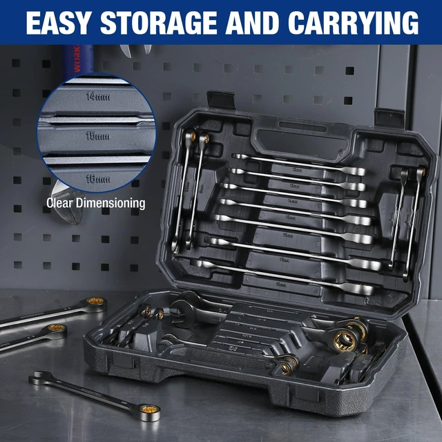 Alt view image 6 of 7 - 22 PCS Ratchet Combination Wrench Set with Tool Box, Nickel Plating with Organizer Box, Metric 6-18mm & SAE 1/4-3/4", 72-Teeth, For Home Project, Auto Repair, Plumbing, Construction, Machinery