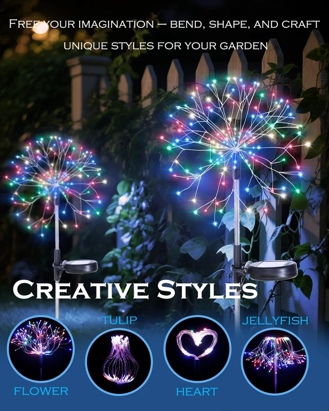 Alt view image 7 of 7 - Solar Garden Lights Outdoor Yard Decorations, 8 Pack 150Leds Pathway Lights, Fairy Firework Stake Light for Garden, Patio, Pathway, Flowerbed Multicolor