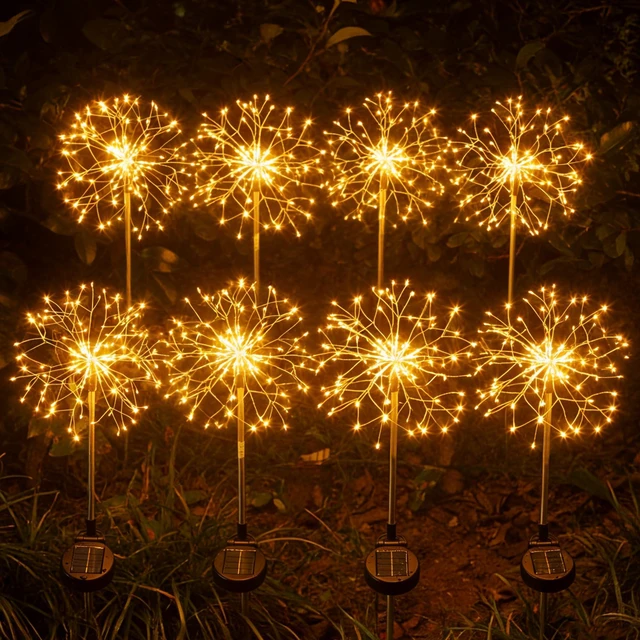 Main image of Solar Garden Lights Outdoor Yard Decorations, 8 Pack 150Leds Pathway Lights, Fairy Firework Stake Light for Garden, Patio, Pathway, Flowerbed Gold Color