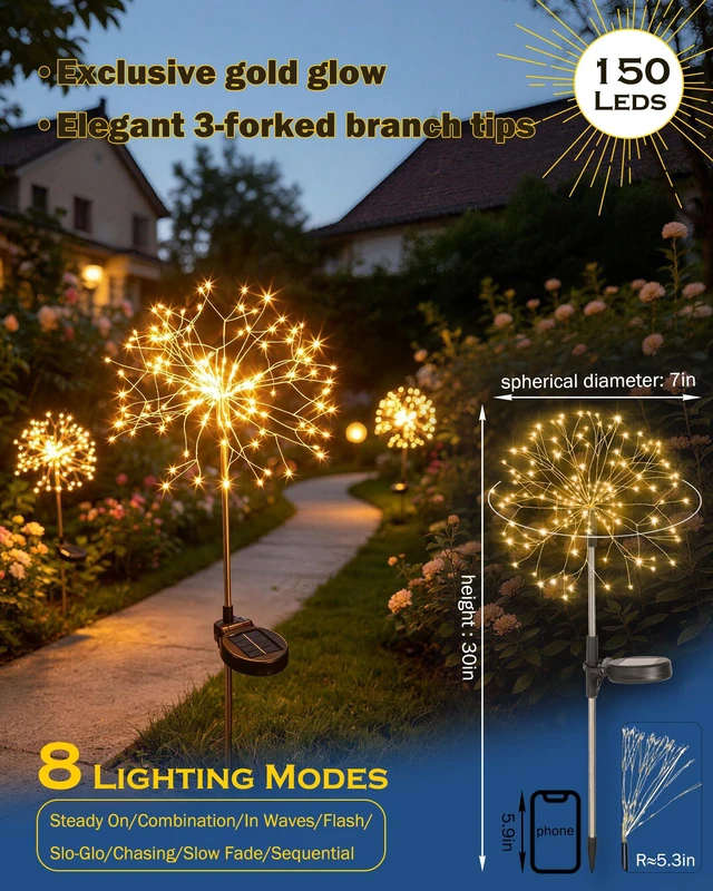 Alt view image 2 of 7 - Solar Garden Lights Outdoor Yard Decorations, 8 Pack 150Leds Pathway Lights, Fairy Firework Stake Light for Garden, Patio, Pathway, Flowerbed Gold Color