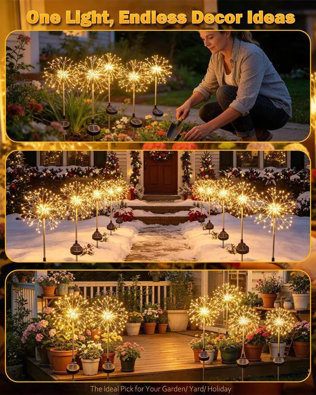 Alt view image 4 of 7 - Solar Garden Lights Outdoor Yard Decorations, 8 Pack 150Leds Pathway Lights, Fairy Firework Stake Light for Garden, Patio, Pathway, Flowerbed Gold Color
