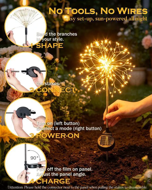 Alt view image 5 of 7 - Solar Garden Lights Outdoor Yard Decorations, 8 Pack 150Leds Pathway Lights, Fairy Firework Stake Light for Garden, Patio, Pathway, Flowerbed Gold Color
