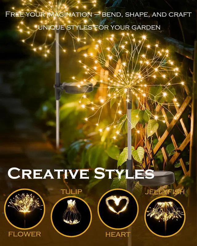 Alt view image 6 of 7 - Solar Garden Lights Outdoor Yard Decorations, 8 Pack 150Leds Pathway Lights, Fairy Firework Stake Light for Garden, Patio, Pathway, Flowerbed Gold Color