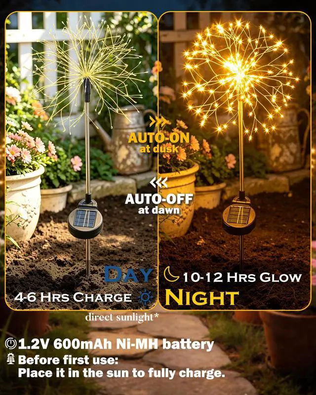 Alt view image 7 of 7 - Solar Garden Lights Outdoor Yard Decorations, 8 Pack 150Leds Pathway Lights, Fairy Firework Stake Light for Garden, Patio, Pathway, Flowerbed Gold Color