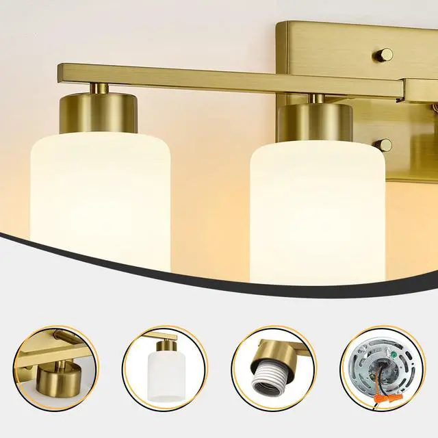 Alt view image 4 of 7 - Brushed Gold Bathroom Light Fixtures Vanity Lights Over Mirror Modern 4-Light Lighting Fixtures for Bathroom With Milky White Frosted Glass Shades, E26 Socket (Bulbs Not Included)